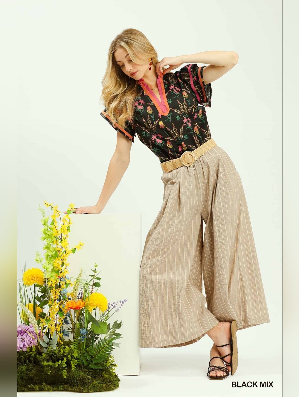 Umgee Mix Floral Print Blouse with Contrast Trim